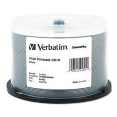 Verbatim® CD-R DataLifePlus Printable Recordable Disc, 700 MB/80 min, 52x, Spindle, Silver, 50/Pack