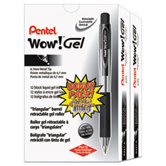 Pentel® WOW! Gel Pen Bonus Pack, Retractable, Medium 0.7 mm, Black Ink, Clear/Black Barrel, 24/Pack