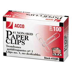 ACCO Paper Clips, #1, Nonskid, Silver, 100 Clips/Box, 10 Boxes/Pack