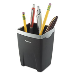Fellowes® Office Suites Divided Pencil Cup, Plastic, 3.13 x 3.13 x 4.25, Black/Silver