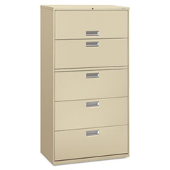 HON® Brigade 600 Series Lateral File, 4 Legal/Letter-Size File Drawers, 1 Roll-Out File Shelf, Putty, 36" x 18" x 64.25"