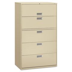 HON® Brigade 600 Series Lateral File, 4 Legal/Letter-Size File Drawers, 1 Roll-Out File Shelf, Putty, 42" x 18" x 64.25"