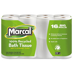Marcal® 100% Recycled 2-Ply Bath Tissue, Septic Safe, White, 168 Sheets/Roll, 16 Rolls/Pack