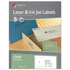 MACO® Laser/Inkjet Matte Clear Full Sheet Labels, 8 1/2 x 11, 50/Box