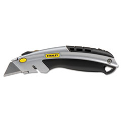 Stanley® Curved Quick-Change Utility Knife, Stainless Steel Retractable Blade, 3 Blades, 6.5" Metal Handle, Black/Chrome