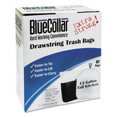 BlueCollar Drawstring Trash Bags, 13 gal, 0.8 mil, 24" x 28", White, 480/Carton