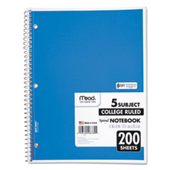 Spiral Notebook, 5-Subject, Medium/College Rule, Randomly Assorted Cover Color, (200) 11 x 8 Sheets