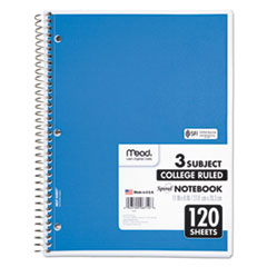 Mead® Spiral Notebook, 3 Subject, Medium/College Rule, Randomly Assorted Covers, 11 x 8, 120 Sheets