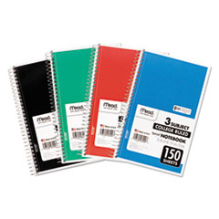 Mead® Spiral Notebook, 3 Subject, Medium/College Rule, Randomly Assorted Covers, 9.5 x 5.5, 150 Sheets
