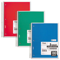 Mead® Spiral Notebook, 5 Subject, Medium/College Rule, Randomly Assorted Covers, 10.5 x 8, 180 Sheets