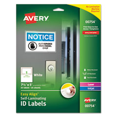 Avery® Easy Align Self-Laminating ID Labels, Laser/Inkjet, 5 x 7 1/2, White, 25/PK
