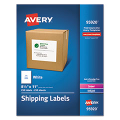 Avery® White Shipping Labels-Bulk Packs, Inkjet/Laser Printers, 8.5 x 11, White, 250/Box
