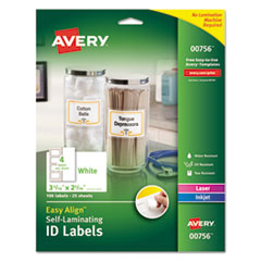 Avery® Easy Align Self-Laminating ID Labels, Laser/Inkjet, 2 15/16 x 3 5/16, White, 100