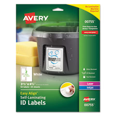 Avery® Easy Align Self-Laminating ID Labels, Laser/Inkjet, 3 1/2 x 4 1/2, White, 50/PK