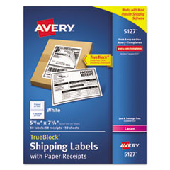Avery® Shipping Labels with Paper Receipt and TrueBlock Technology, Inkjet/Laser Printers, 5.06 x 7.63, White, 50/Pack
