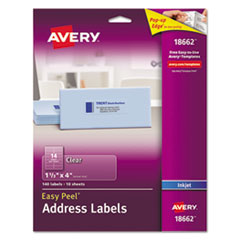 Avery® Matte Clear Easy Peel Mailing Labels w/ Sure Feed Technology, Inkjet Printers, 1.33 x 4, Clear, 14/Sheet, 10 Sheets/Pack
