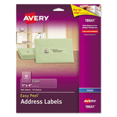 Avery® Matte Clear Easy Peel Mailing Labels w/ Sure Feed Technology, Inkjet Printers, 1 x 4, Clear, 20/Sheet, 10 Sheets/Pack