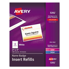 Avery® Name Badge Insert Refills, Horizontal/Vertical, 3 x 4, White, 300/Box
