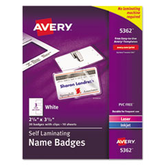 Avery® Self-Laminating Laser/Inkjet Printer Badges, 2 1/4 x 3 1/2, White, 30/Box