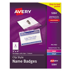 Avery® Clip-Style Name Badge Holder with Laser/Inkjet Insert, Top Load, 4 x 3, White, 40/Box