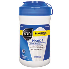 Sani Professional® Hands Instant Sanitizing Wipes, 5 x 6, Unscented, White, 150/Canister