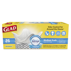 Glad® OdorShield Medium Quick-Tie Trash Bags, 8 gal, 0.57 mil, 21.63" x 23", White, 26/Box