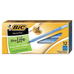 BIC® Round Stic Xtra Life Ballpoint Pen, Blue Ink, 1mm, Medium, Dozen