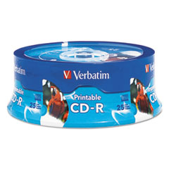 Verbatim® CD-R Printable Recordable Disc, 700 MB/80 min, 52x, Spindle, White, 25/Pack