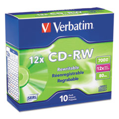 Verbatim® CD-RW High-Speed Rewritable Disc, 700 MB/80 min, 12x, Slim Jewel Case, Silver, 10/Pack
