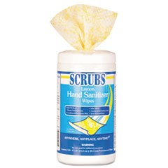 SCRUBS® Hand Sanitizer Wipes, 1-Ply, 6 x 8, Lemon Scent, Blue/White, 120 Wipes/Canister, 6 Canisters/Case