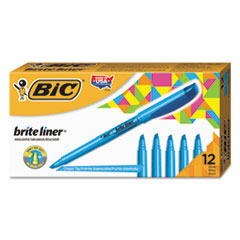 BIC® Brite Liner Highlighter, Fluorescent Blue Ink, Chisel Tip, Blue/Black Barrel, Dozen