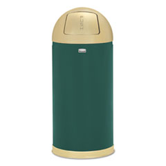 Rubbermaid® Commercial Round Top Push Door Waste Receptacle, 15 gal, 36" High, Green/Brass