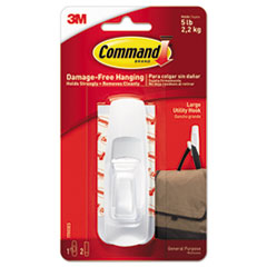 Command™ General Purpose Hooks, Large, 5 lb Cap, White, 1 Hook and 2 Strips/Pack