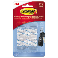 Command™ Clear Hooks and Strips, Plastic, Mini, 6 Hooks and 8 Strips/Pack