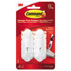 Command™ General Purpose Wire Hooks, Medium, 3 b Cap, White, 2 Hooks and 4 Strips/Pack