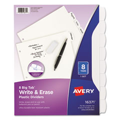Avery® Write and Erase Big Tab Durable Plastic Dividers, 3-Hole Punched, 8-Tab, 11 x 8.5, White, 1 Set