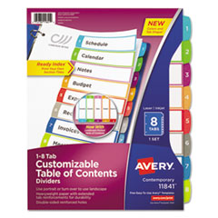 Avery® Customizable TOC Ready Index Multicolor Tab Dividers, 8-Tab, 1 to 8, 11 x 8.5, White, Contemporary Color Tabs, 1 Set
