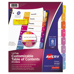 Avery® Customizable TOC Ready Index Multicolor Tab Dividers, 8-Tab, 1 to 8, 11 x 8.5, White, Traditional Color Tabs, 1 Set
