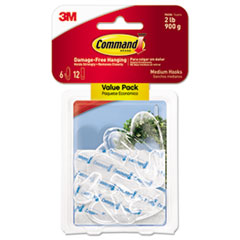 Command™ Clear Hooks and Strips, Plastic, Medium, 6 Hooks and 12 Strips/Pack
