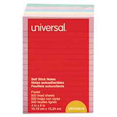 Universal® Self-Stick Note Pads, 4 x 6, Lined, Assorted Pastel Colors, 100-Sheet, 5/PK