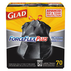 Glad® ForceFlexPlus Drawstring Large Trash Bags, 30 gal, 1.05 mil, 30" x 32", Black, 70/Box
