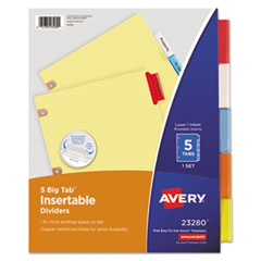 Avery® Insertable Big Tab Dividers, 5-Tab, Single-Sided Copper Edge Reinforcing, 11 x 8.5, Buff, Assorted Tabs, 1 Set