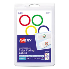 Avery® Printable Self-Adhesive Removable Color-Coding Labels, 1.25" dia., Assorted Colors, 8/Sheet, 50 Sheets/Box