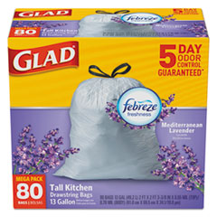 Glad® OdorShield Kitchen Drawstring Bag, Lavender Breeze, 13gal, White, 80/BX, 3 BX/CT