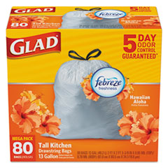 Glad® OdorShield Kitchen Drawstring Bag, Hawaiian Aloha, 13 gal, White, 80/BX, 3 BX/CT