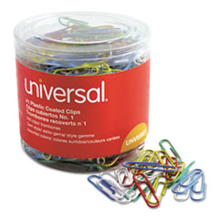 Universal® Plastic-Coated Paper Clips with One-Compartment Storage Tub, #1, Assorted Colors, 500/Pack