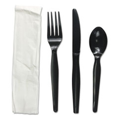 Boardwalk® Four-Piece Cutlery Kit, Fork/Knife/Napkin/Teaspoon, Heavyweight, Black, 250/Carton