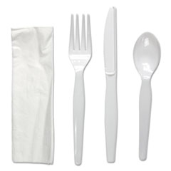 Boardwalk® Four-Piece Cutlery Kit, Fork/Knife/Napkin/Teaspoon, Heavyweight, White, 250/Carton