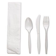 Boardwalk® Four-Piece Cutlery Kit, Fork/Knife/Napkin/Teaspoon, White, Polypropylene, 250/Carton