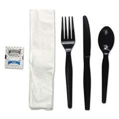 Boardwalk® Six-Piece Cutlery Kit, Condiment/Fork/Knife/Napkin/Spoon, Heavyweight, Black, 250/Carton